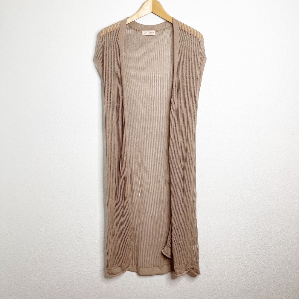 Lola + Sophie Womens XS Taupe Ladder Knit Sleeveless‎ Longline Cardigan Vest Tan